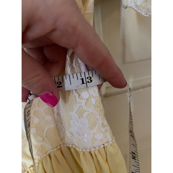 60s-70s Vintage Formal Yellow Beaded Bodice Midi Dress with Bow - Picture 9 of 12